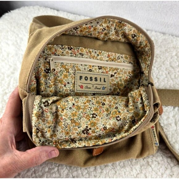 Vtg Fossil Khaki Corduroy Leather Trim Messenger Bag 8"x8" Safari Sac Crossbody - Picture 4 of 10